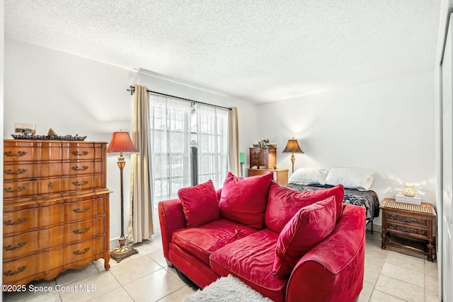 tiled living room with a textured ceiling