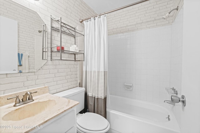 full bathroom with brick wall, toilet, vanity, and shower / bath combination with curtain