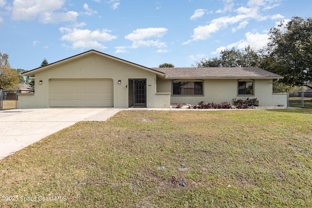 single story home featuring a front yard and a garage