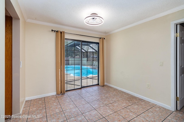 unfurnished room featuring a textured ceiling and crown molding