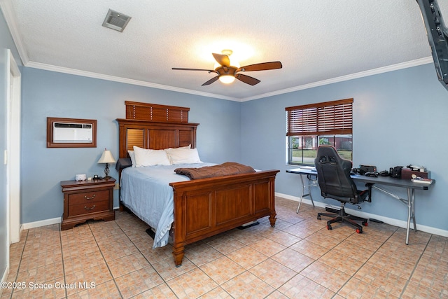 bedroom featuring a textured ceiling, ceiling fan, and ornamental molding