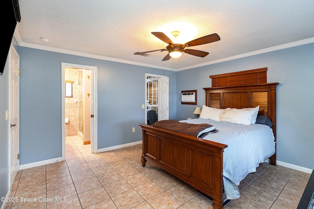 bedroom featuring ceiling fan, connected bathroom, ornamental molding, and a textured ceiling