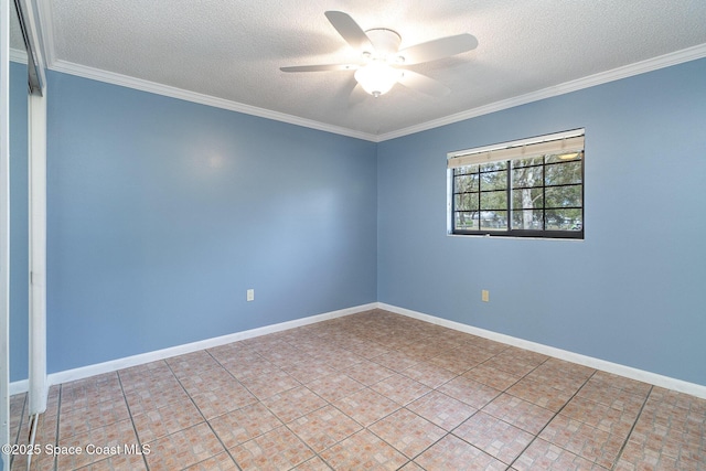 empty room featuring ceiling fan, a textured ceiling, and ornamental molding