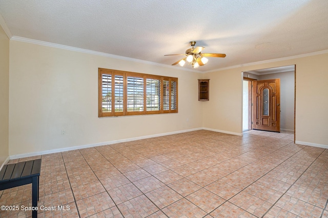 empty room featuring ceiling fan, crown molding, and a textured ceiling