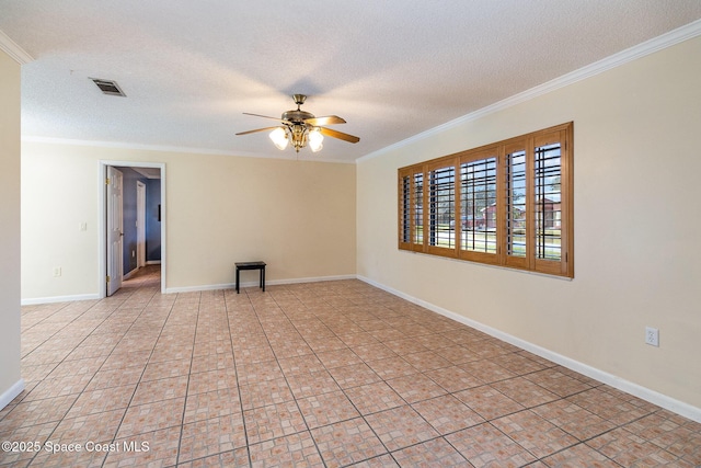 spare room featuring ceiling fan, a textured ceiling, and crown molding