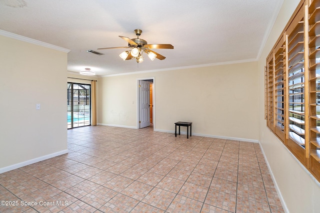 tiled empty room with ceiling fan, crown molding, and a textured ceiling