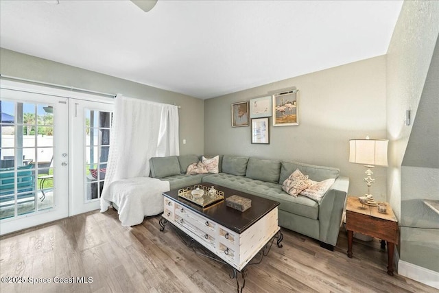 living room featuring french doors and wood-type flooring