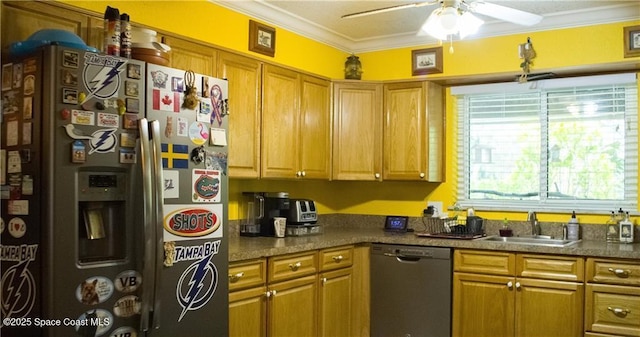 kitchen featuring crown molding, sink, stone counters, dishwasher, and stainless steel fridge with ice dispenser