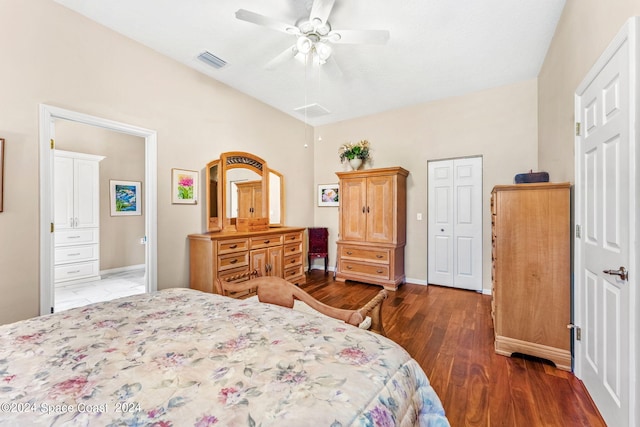 bedroom featuring ceiling fan and dark hardwood / wood-style floors