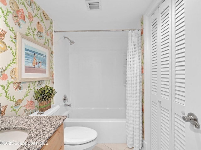 full bathroom featuring vanity, shower / bath combination with curtain, and toilet