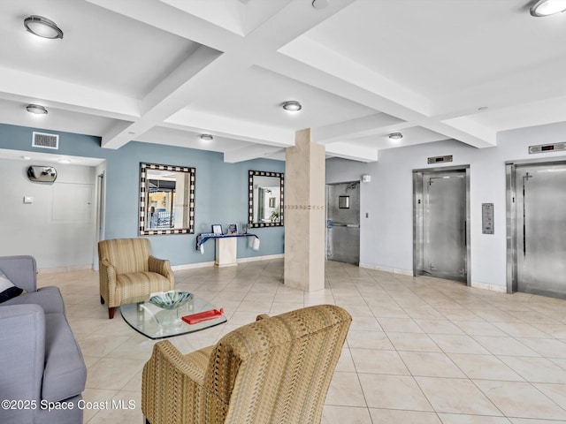 tiled living room featuring beamed ceiling, elevator, and coffered ceiling