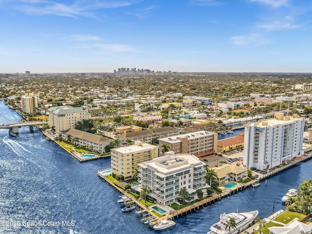 drone / aerial view with a water view