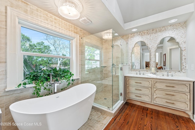 bathroom featuring plus walk in shower, hardwood / wood-style flooring, and vanity