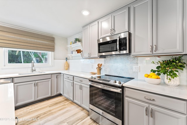 kitchen featuring light hardwood / wood-style floors, decorative backsplash, sink, gray cabinetry, and stainless steel appliances