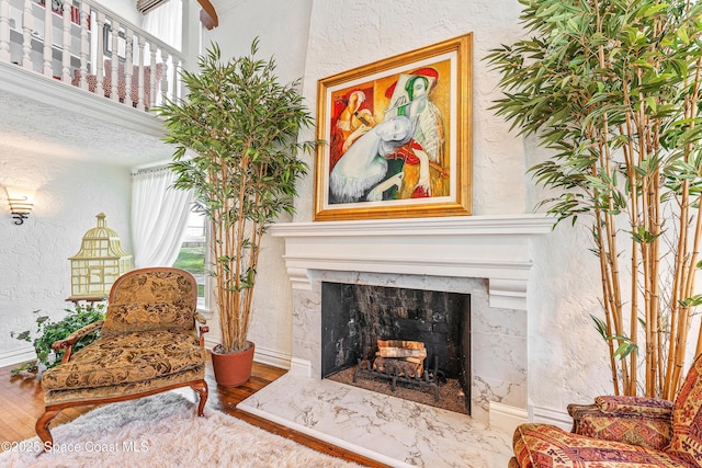 living area featuring hardwood / wood-style floors and a fireplace