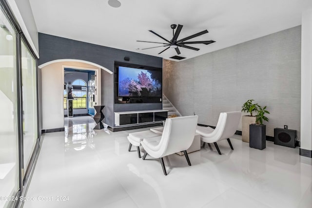 living room featuring ceiling fan