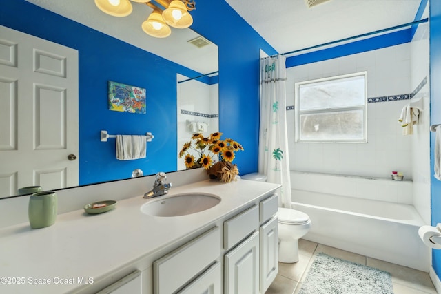 full bathroom with toilet, tile patterned flooring, shower / bathtub combination with curtain, and vanity