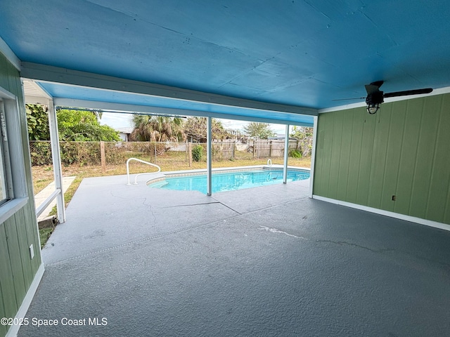 view of pool featuring a patio area and ceiling fan