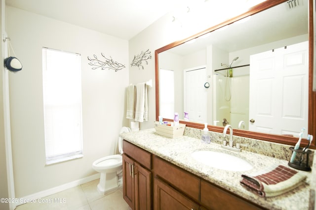 bathroom featuring toilet, a shower, tile patterned floors, and vanity