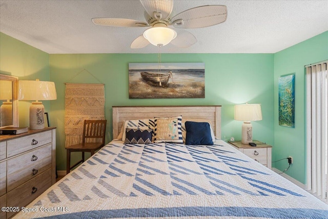 bedroom with ceiling fan and a textured ceiling