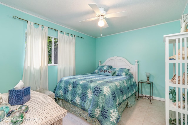 tiled bedroom featuring ceiling fan