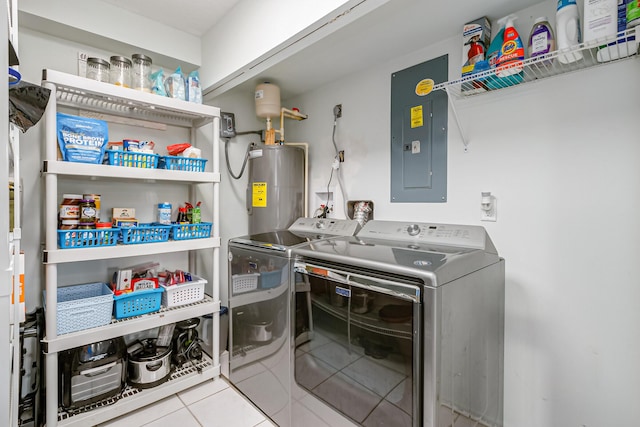 clothes washing area with washer and dryer, water heater, electric panel, and light tile patterned floors