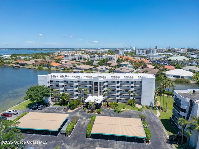 bird's eye view with a water view