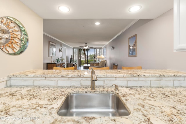 kitchen with ceiling fan, sink, and ornamental molding