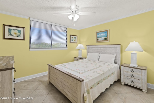 tiled bedroom featuring a textured ceiling, ceiling fan, and ornamental molding