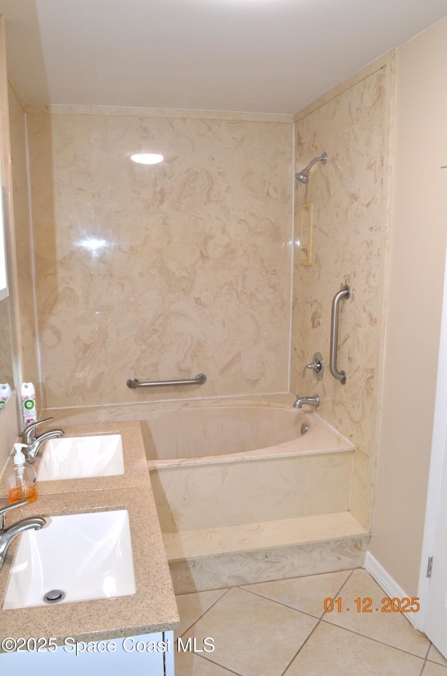 bathroom with vanity, tile patterned flooring, and shower / washtub combination