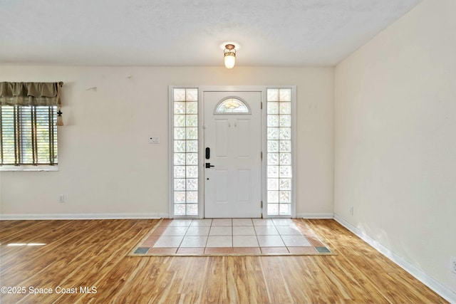 foyer with a wealth of natural light and light hardwood / wood-style flooring