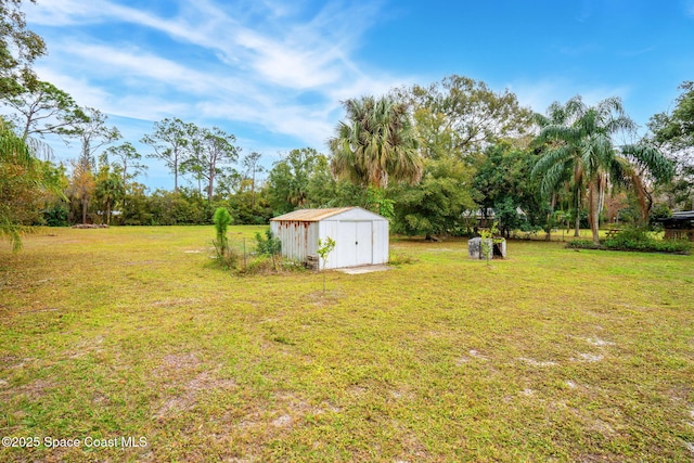 view of yard with a storage shed