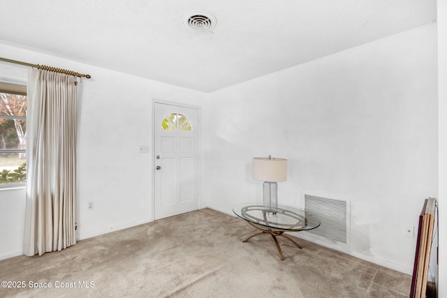 foyer entrance featuring light colored carpet