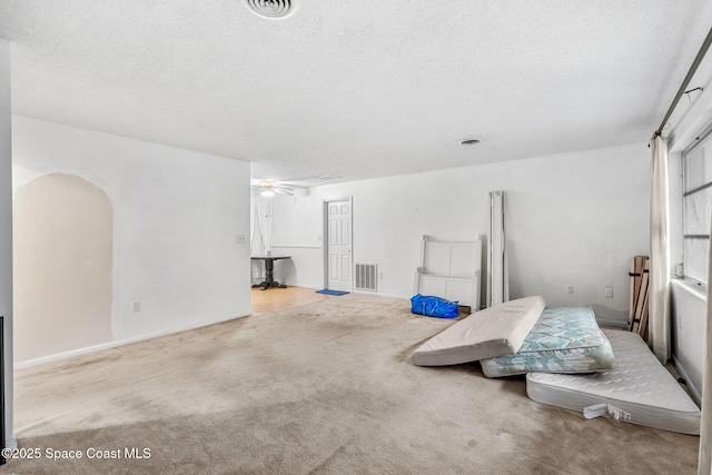 interior space with a textured ceiling, ceiling fan, and light colored carpet