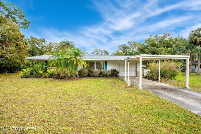 single story home with a front yard and a carport