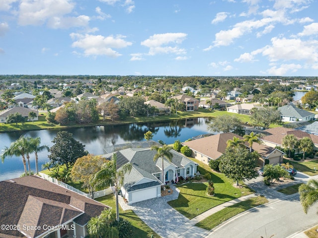 drone / aerial view with a water view