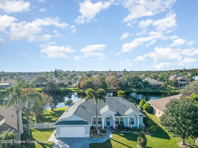 aerial view featuring a water view