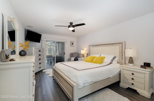 bedroom featuring ceiling fan, access to exterior, and dark hardwood / wood-style flooring