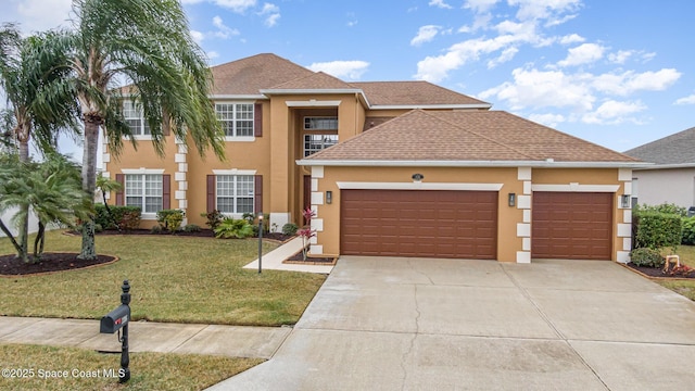 view of front of property with a front yard and a garage