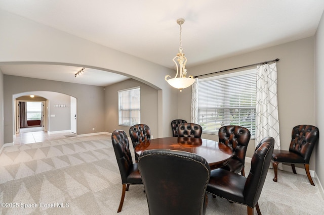 dining space with a healthy amount of sunlight and light carpet