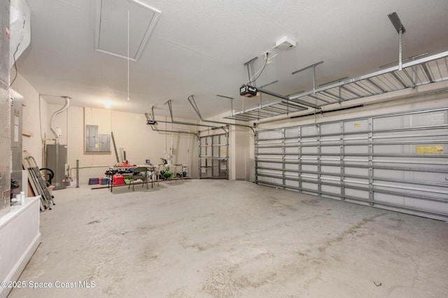 garage with electric panel, gas water heater, and a garage door opener