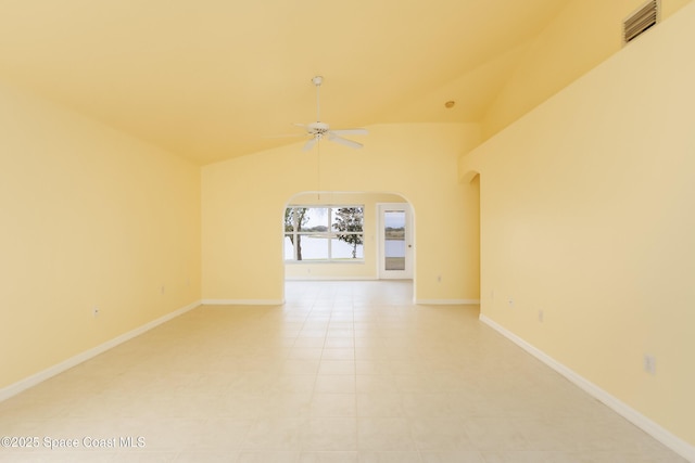 unfurnished room featuring ceiling fan, high vaulted ceiling, and light tile patterned floors