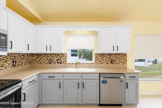 kitchen featuring sink, white cabinets, tasteful backsplash, and appliances with stainless steel finishes