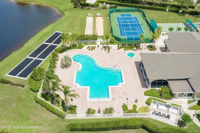 drone / aerial view featuring a water view