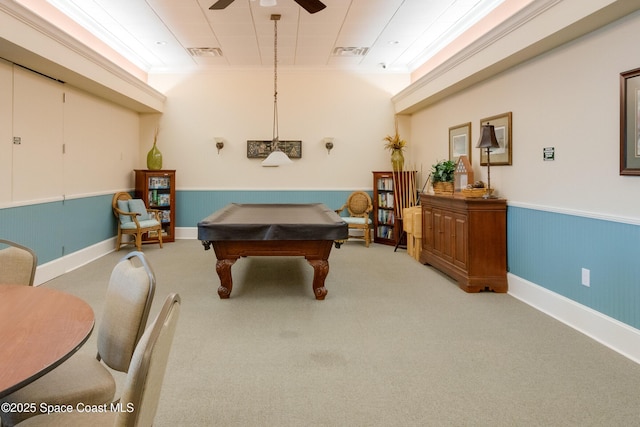 playroom featuring pool table, ceiling fan, crown molding, and light carpet