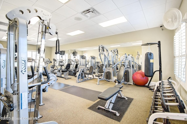 exercise room with carpet floors and a paneled ceiling