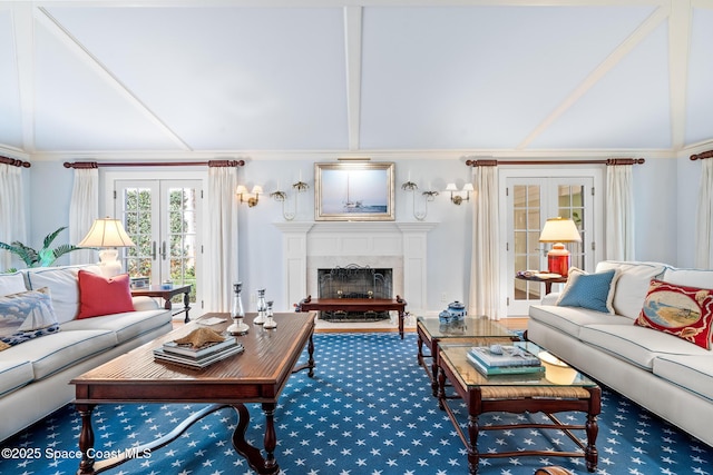 carpeted living room featuring french doors, ornamental molding, and vaulted ceiling