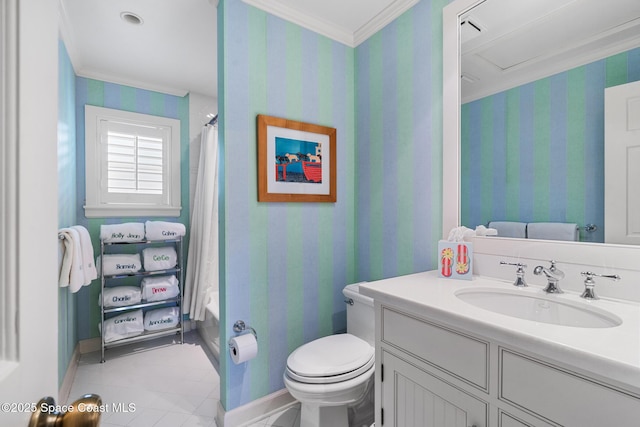 full bathroom with toilet, tile patterned floors, shower / bathtub combination with curtain, ornamental molding, and vanity