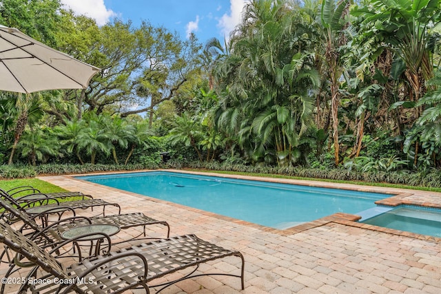 view of swimming pool featuring a patio and an in ground hot tub