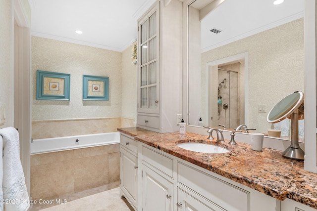 bathroom with ornamental molding, plus walk in shower, and vanity